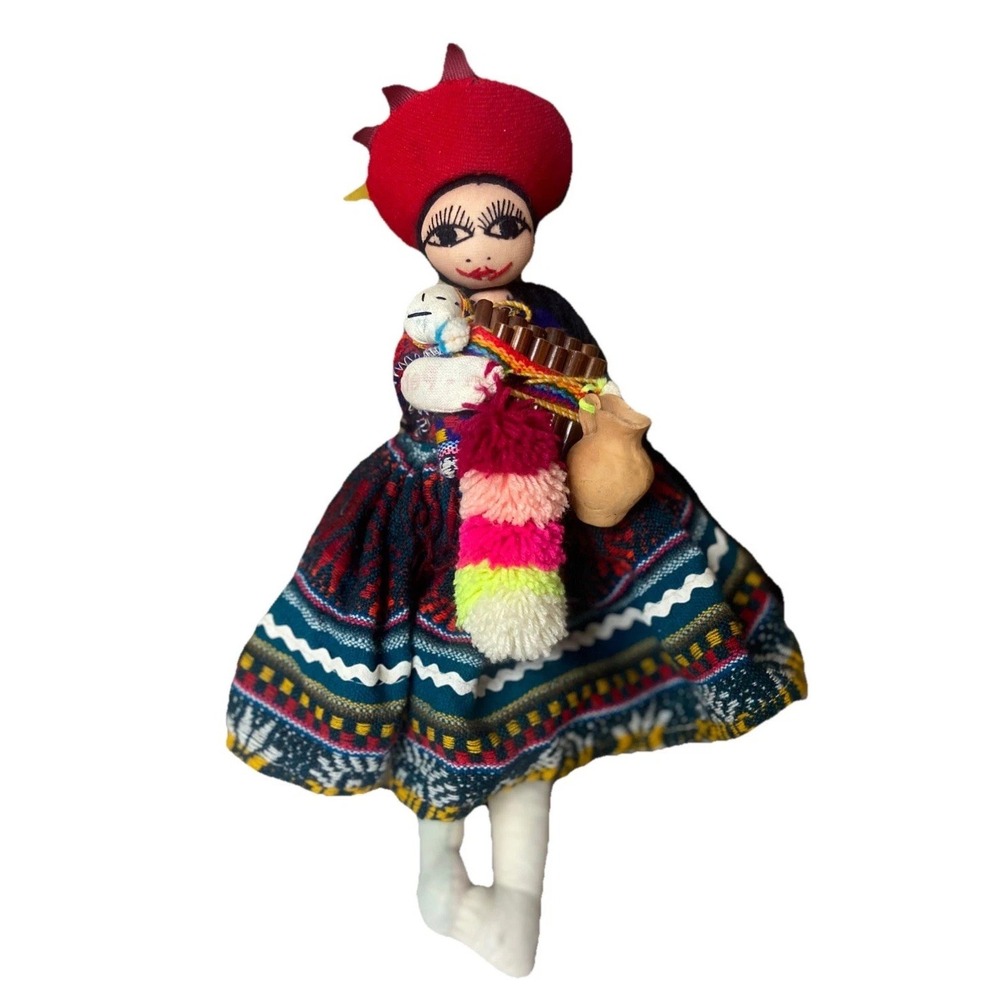 Vintage Peruvian Folk Art Cloth Doll Andean Woman ‎ Panpipes and Child 11 inch